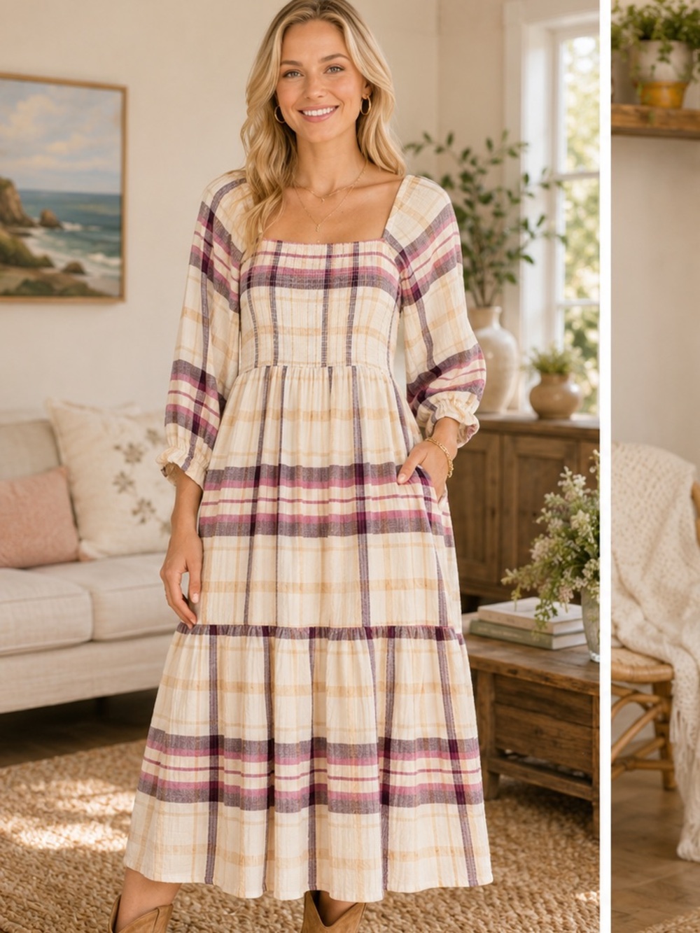 Marine Layer Plaid Smocked Midi Dress Cottagecore Prairie Boho Size XS